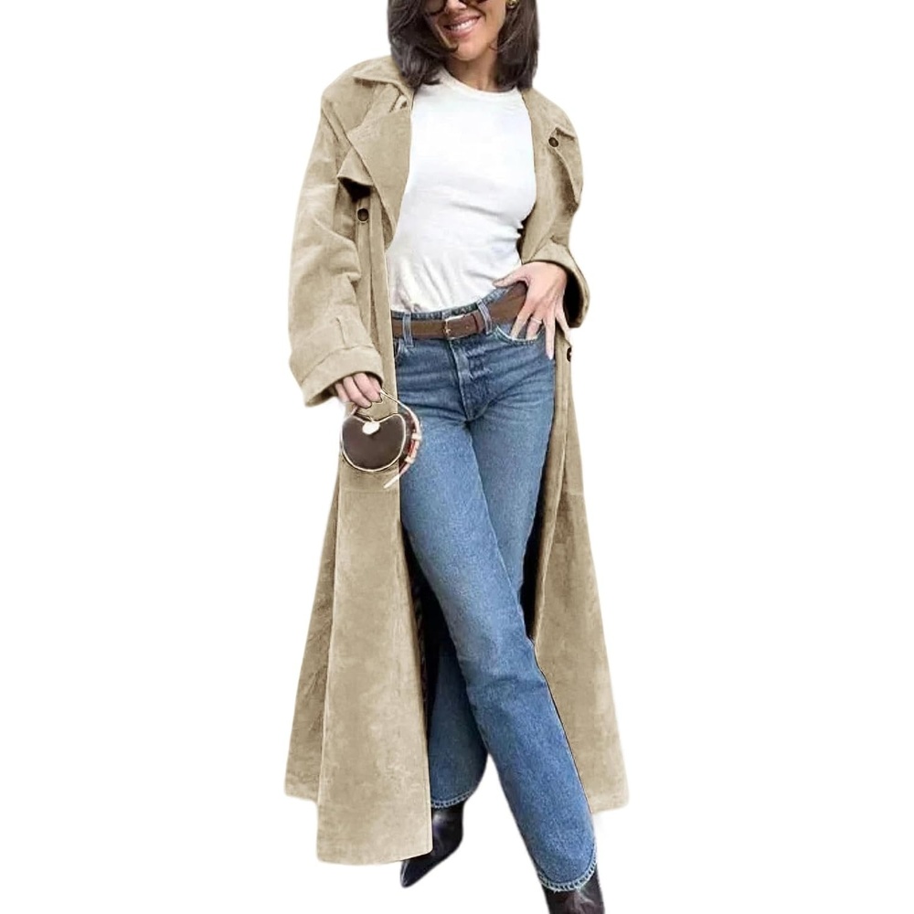 image:imageutcoco Womens Faux Suede Long Trench Coat Notched Lapel Double Breasted Pea Coat Overcoat with BeltLight Khaki