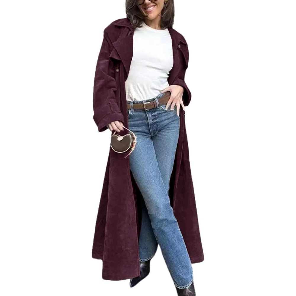 image:imageutcoco Womens Faux Suede Long Trench Coat Notched Lapel Double Breasted Pea Coat Overcoat with BeltWine