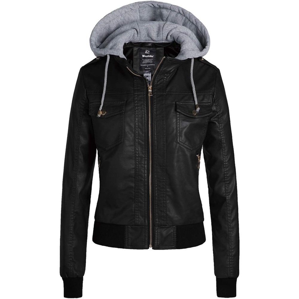 image:imagewantdo Faux Leather Jacket for Women PU Moto Biker Bomber Motorcycle Coat Womens Short Slim Leather Jackets Zip Up with Removable Hood Windbreaker Outwear Lightweight Coats Standard amp Plus SizeBlackthick