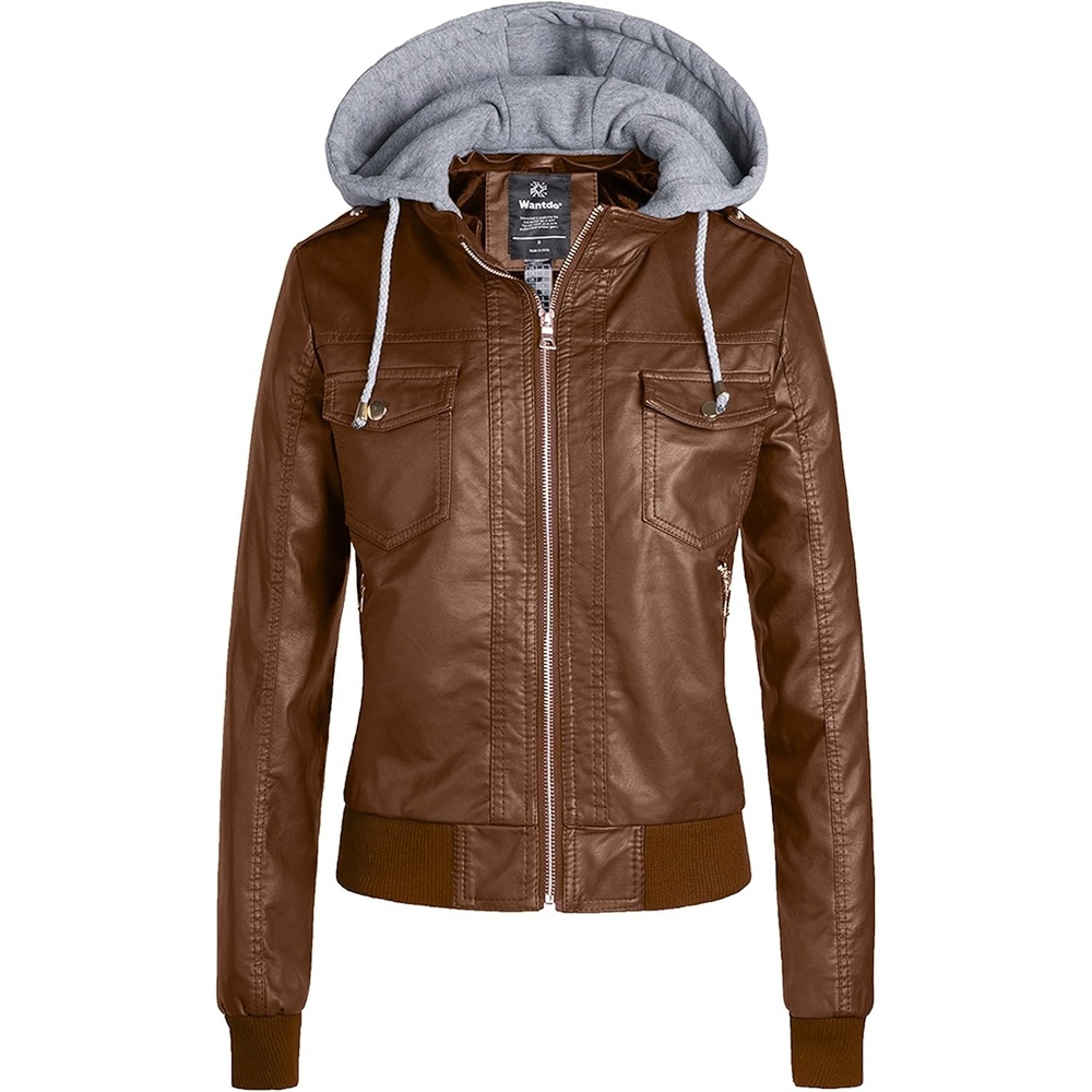image:imagewantdo Faux Leather Jacket for Women PU Moto Biker Bomber Motorcycle Coat Womens Short Slim Leather Jackets Zip Up with Removable Hood Windbreaker Outwear Lightweight Coats Standard amp Plus SizeBrownthick