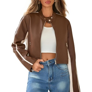 American Trends Cropped Faux Leather Jacket Women Biker Motorcycle Bomber Leather Jacket(Brown)