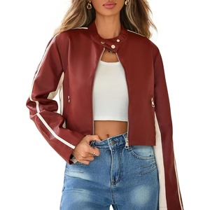 American Trends Cropped Faux Leather Jacket Women Biker Motorcycle Bomber Leather Jacket(Red)