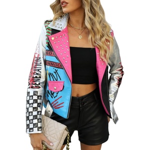 Bellivera Faux Leather Jacket for Women Floral Moto Short Coat | Vegan Spring Fall Belted Streetwear with Punk Graffiti Graphic Print, Notched Studded Lapel, Asymmetrical zip For Concert(Sliver Blue Pink)