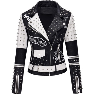Bellivera Faux Leather Jacket for Women Floral Moto Short Coat | Vegan Spring Fall Belted Streetwear with Punk Graffiti Graphic Print, Notched Studded Lapel, Asymmetrical zip For Concert(Black White)