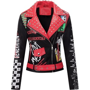 Bellivera Faux Leather Jacket for Women Floral Moto Short Coat | Vegan Spring Fall Belted Streetwear with Punk Graffiti Graphic Print, Notched Studded Lapel, Asymmetrical zip For Concert(Black Red)