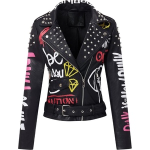 Bellivera Faux Leather Jacket for Women Floral Moto Short Coat | Vegan Spring Fall Belted Streetwear with Punk Graffiti Graphic Print, Notched Studded Lapel, Asymmetrical zip For Concert(Black)