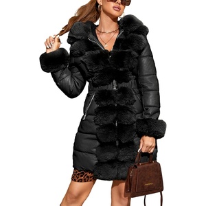 Bellivera Women Faux Leather Winter Trendy Thicken Puffer Jacket | Warm Quilted Water Resistant Bubble Coat Zip Slim Fit Cold-resistant Padded Outerwear with Long Fur Trim Hood，Pockets(Black)
