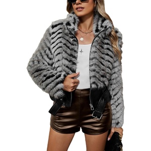 Bellivera Women’s Faux Fur Cropped Jacket Fluffy Fleece Zip Coat | Long Sleeve Fuzzy Shaggy Fur Short Warm Soft Outerwear for Fall Winter with Faux Leather Spliced Lapel(Grey Belted Jacket)