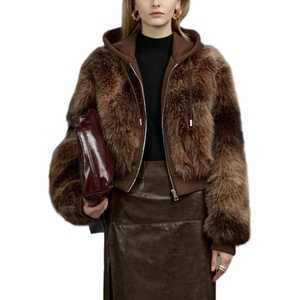 Bellivera Women’s Faux Fur Cropped Jacket Fluffy Fleece Zip Coat | Long Sleeve Fuzzy Shaggy Fur Short Warm Soft Outerwear for Fall Winter with Faux Leather Spliced Lapel(Coffee)