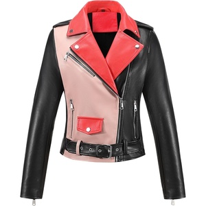 Bellivera Women’s Faux Leather Color-Block Moto Zip Up Jacket | Regular Fit PU Shell, Asymmetrical Zip Front, Color-Block Design, Belted Waist, Ideal for Streetwear and Concerts(Blackpink)