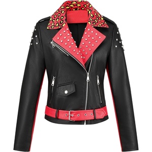 Bellivera Women’s Faux Leather Color-Block Moto Zip Up Jacket | Regular Fit PU Shell, Asymmetrical Zip Front, Color-Block Design, Belted Waist, Ideal for Streetwear and Concerts(Redblack)