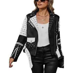 Bellivera Women’s Faux Leather Color-Block Moto Zip Up Jacket | Regular Fit PU Shell, Asymmetrical Zip Front, Color-Block Design, Belted Waist, Ideal for Streetwear and Concerts(White Black Jacket)