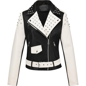 Bellivera Women’s Faux Leather Color-Block Moto Zip Up Jacket | Regular Fit PU Shell, Asymmetrical Zip Front, Color-Block Design, Belted Waist, Ideal for Streetwear and Concerts(Blackwhite)