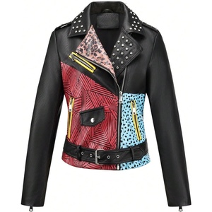 Bellivera Women’s Faux Leather Color-Block Moto Zip Up Jacket | Regular Fit PU Shell, Asymmetrical Zip Front, Color-Block Design, Belted Waist, Ideal for Streetwear and Concerts(Blackleopard)