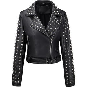 Bellivera Women’s Faux Leather Moto Studded Rivet Casual Jacket | Short Slim Fit Biker Coat Rock Punk Fashion Streetwear Coat with Soft Smooth Lining, Zipper Pockets for Spring and Fall(Black Studded Jacket)