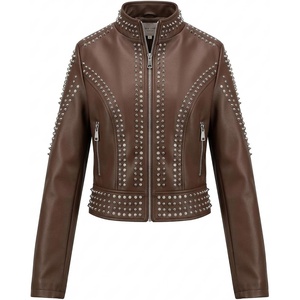 Bellivera Women’s Faux Leather Moto Studded Rivet Casual Jacket | Short Slim Fit Biker Coat Rock Punk Fashion Streetwear Coat with Soft Smooth Lining, Zipper Pockets for Spring and Fall(Stand Collar Deep Brown)