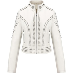 Bellivera Women’s Faux Leather Moto Studded Rivet Casual Jacket | Short Slim Fit Biker Coat Rock Punk Fashion Streetwear Coat with Soft Smooth Lining, Zipper Pockets for Spring and Fall(Stand Collar White)