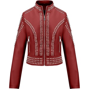 Bellivera Women’s Faux Leather Moto Studded Rivet Casual Jacket | Short Slim Fit Biker Coat Rock Punk Fashion Streetwear Coat with Soft Smooth Lining, Zipper Pockets for Spring and Fall(Stand Collar Red)