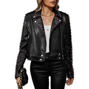 Bellivera Women’s Faux Leather Moto Studded Rivet Casual Jacket | Short Slim Fit Biker Coat Rock Punk Fashion Streetwear Coat with Soft Smooth Lining, Zipper Pockets for Spring and Fall(Black)