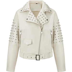 Bellivera Women’s Faux Leather Moto Studded Rivet Casual Jacket | Short Slim Fit Biker Coat Rock Punk Fashion Streetwear Coat with Soft Smooth Lining, Zipper Pockets for Spring and Fall(White Jacket With Belt)