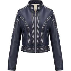 Bellivera Women’s Faux Leather Moto Studded Rivet Casual Jacket | Short Slim Fit Biker Coat Rock Punk Fashion Streetwear Coat with Soft Smooth Lining, Zipper Pockets for Spring and Fall(Stand Collar Deep Blue)
