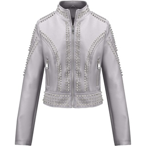 Bellivera Women’s Faux Leather Moto Studded Rivet Casual Jacket | Short Slim Fit Biker Coat Rock Punk Fashion Streetwear Coat with Soft Smooth Lining, Zipper Pockets for Spring and Fall(Stand Collar Gray)
