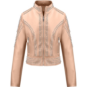 Bellivera Women’s Faux Leather Moto Studded Rivet Casual Jacket | Short Slim Fit Biker Coat Rock Punk Fashion Streetwear Coat with Soft Smooth Lining, Zipper Pockets for Spring and Fall(Stand Collar Khaki)