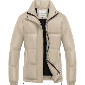 Chrisuno Women’s Short Faux-Leather Puffer Jacket Fleece Lined Vegan Leather Winter Coat Waterproof Bubble Jackets(Beige)