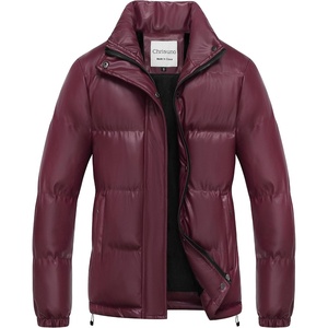 Chrisuno Women’s Short Faux-Leather Puffer Jacket Fleece Lined Vegan Leather Winter Coat Waterproof Bubble Jackets(Burgundy)