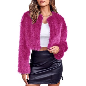 Danedvi Womens Cropped Faux Fur Jacket Long Sleeve Fluffy Shaggy Short Coat | Open Front Cardigan, Warm Winter Outerwear, Casual, Daily Party Wear, Cocktail Party, Cover Up for Dresses(Rose Red)