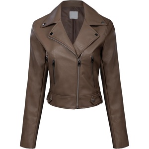 Design by Olivia Women’s Long Sleeve Zipper Closure Moto Biker Faux Leather Jacket(A Brown)