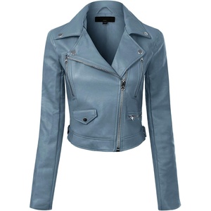 Design by Olivia Women’s Long Sleeve Zipper Closure Moto Biker Faux Leather Jacket(Blue Stone)