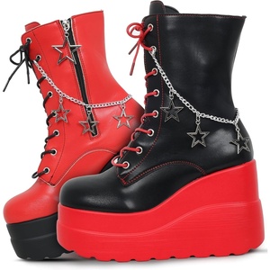 Gothniero Platform Goth Boots for Womem Black Combat Motorcycle Rave Punk emo Boots Chunky Heel Ankle Booties with Side Zip Lace Up Wedge Booties US5.5-11(01red)