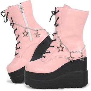 Gothniero Platform Goth Boots for Womem Black Combat Motorcycle Rave Punk emo Boots Chunky Heel Ankle Booties with Side Zip Lace Up Wedge Booties US5.5-11(01pink)