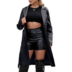 Leather Jacket Women Trench Coat Long Loose Button Jacket Open Front Motorcycle Coat with Belt(Black)