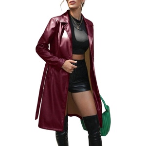 Leather Jacket Women Trench Coat Long Loose Button Jacket Open Front Motorcycle Coat with Belt(Wine)
