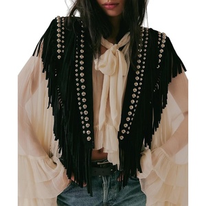 Luckinbaby Ponchos Collar for Women Studded Faux Suede Shawls Wrap Tassel Open Front Western Cape Top(Black)