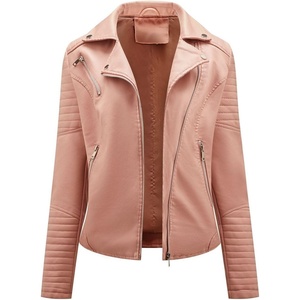 Lu’s Chic Women’s Long Sleeve Faux Leather Jacket Motorcycle Winter PU Coat Biker Moto V Neck Short Snow(Pink)