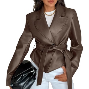 MEROKEETY Women’s Fall Fashion 2025 Leather Jacket Casual Belt Button Down Blazer Trendy Coat Outerwear(Brown)