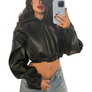 Mandonce Leather Jacket Women Zip up Hoodies Motorcycle Bomber Jacket Streetwear Cropped Trench Coat for Women(Black)