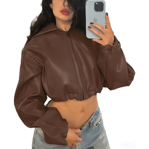 Mandonce Leather Jacket Women Zip up Hoodies Motorcycle Bomber Jacket Streetwear Cropped Trench Coat for Women(Brown)