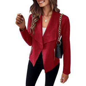 PRETTYGARDEN Women’s Fall Fashion Faux Suede Jackets | Long Sleeve Waterfall Collar, Open Front Cropped, Dressy Casual Jacket with Pockets, Trendy Winter Clothes, Going Out Outfits(Red)