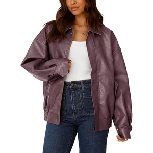 PRETTYGARDEN Women’s Faux Leather Motorcycle Jackets | Trendy Fall Spring Clothes, Long Sleeve Collared, Zip Up Buttons, Loose Fit Oversized Jacket, Winter Coats, Going Out Outfits(Purple)