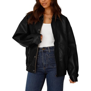 PRETTYGARDEN Women’s Faux Leather Motorcycle Jackets | Trendy Fall Spring Clothes, Long Sleeve Collared, Zip Up Buttons, Loose Fit Oversized Jacket, Winter Coats, Going Out Outfits(Black)