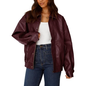 PRETTYGARDEN Women’s Faux Leather Motorcycle Jackets | Trendy Fall Spring Clothes, Long Sleeve Collared, Zip Up Buttons, Loose Fit Oversized Jacket, Winter Coats, Going Out Outfits(Wine Red)