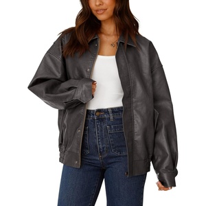 PRETTYGARDEN Women’s Faux Leather Motorcycle Jackets | Trendy Fall Spring Clothes, Long Sleeve Collared, Zip Up Buttons, Loose Fit Oversized Jacket, Winter Coats, Going Out Outfits(Grey)