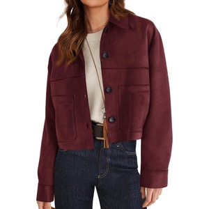 PRETTYGARDEN Women’s Faux Suede Lightweight Cropped Jacket | Button Down Collared Shacket, Oversized Casual Outerwear, Patch Pocket, Transitional Layering Piece for Spring, Fall & Winter(Burgundy)