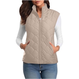 Puffer Vest Women Sleeveless Zip Up Outerwear Stand Collar Quilted Fall Vest Warm Winter Jackets Coats with Pockets(Beige)