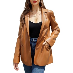 RISISSIDA Women Faux Leather Blazer Jacket,Soft PLeather PU Coat | Premium Vegan Leather,Button Down,Lapel,Spring Fall Transitional Casual Fashion,Work and Daily Wear(Brown-hip Length)