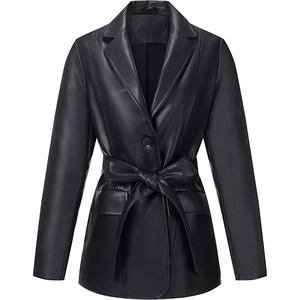 RISISSIDA Women Faux Leather Blazer Jacket,Soft PLeather PU Coat | Premium Vegan Leather,Button Down,Lapel,Spring Fall Transitional Casual Fashion,Work and Daily Wear(Black–hip Length-with Detachable Belt)
